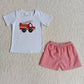 Promotion Baby Boy Embroidery Firetruck Shirt Red Plaid Shorts outfits