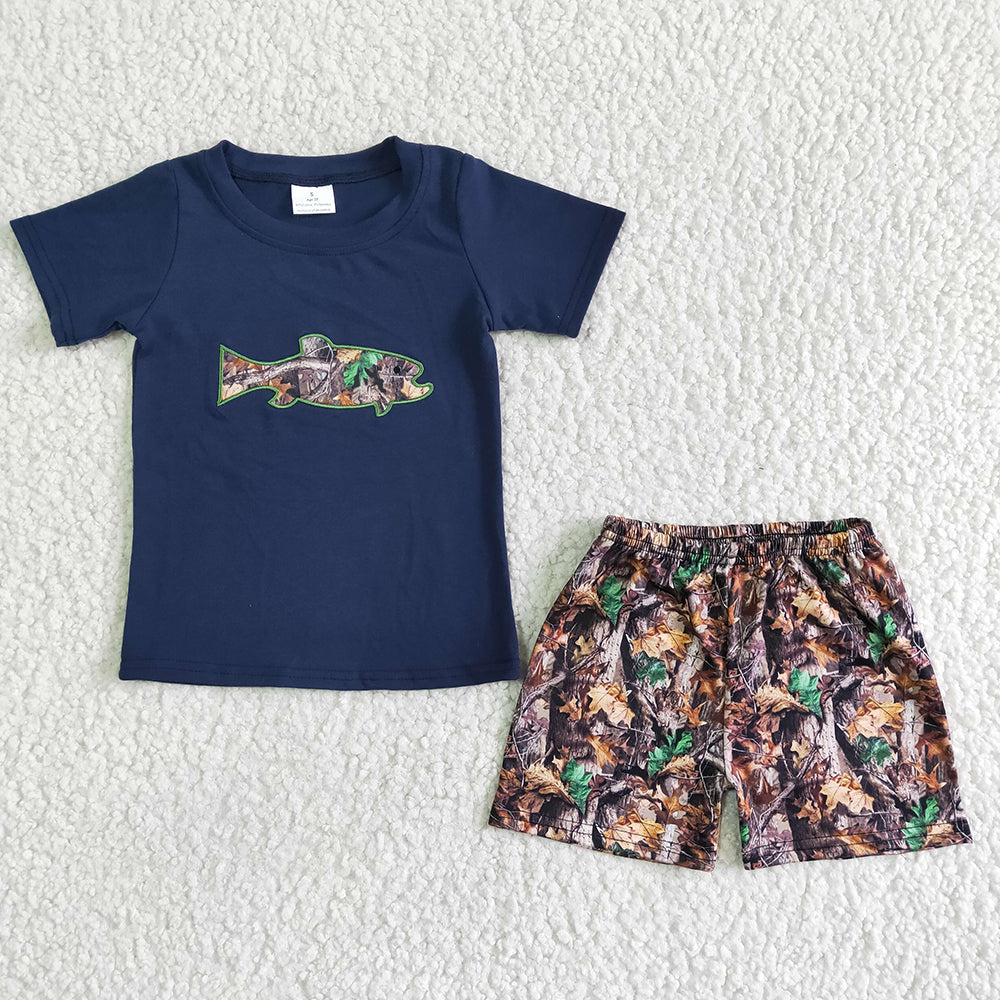 Promotion Baby Boy Camo Fish Summer Embroidery Shorts Outfit