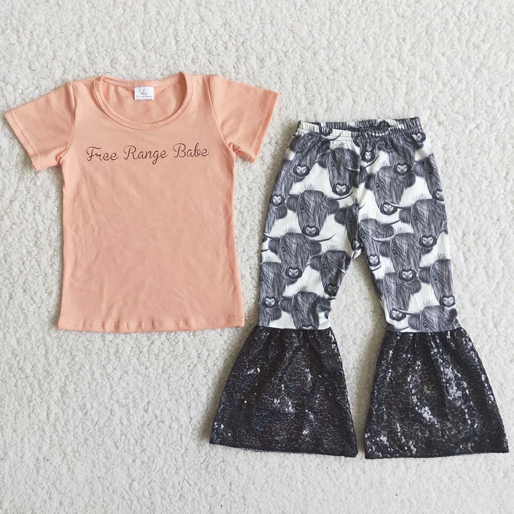 Promotion Baby Girl Short Sleeves Western Cow Pants Set