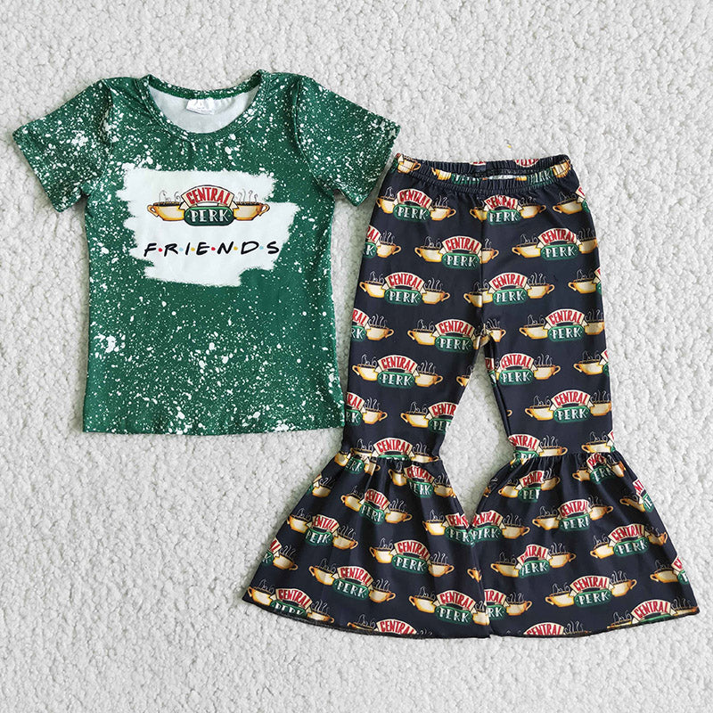 Promotion Baby Girl Green Shirt Friends Coffee Pants Set