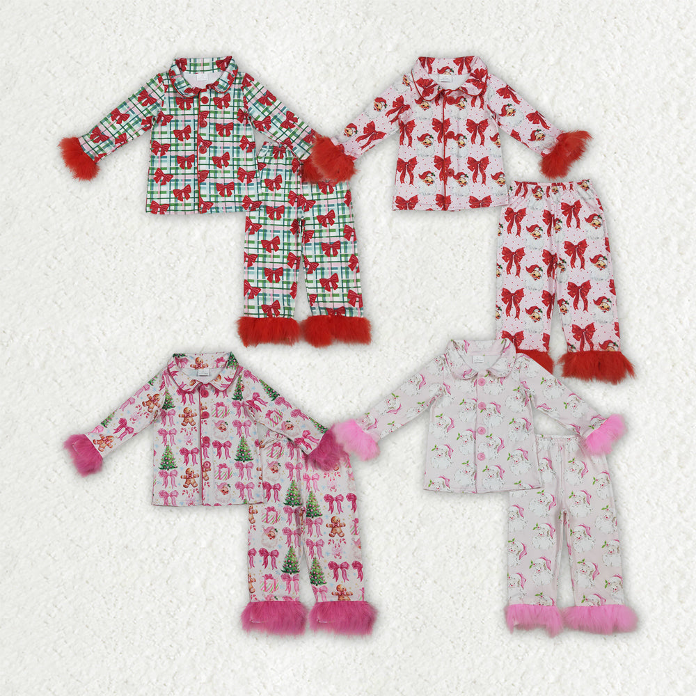 Baby Girl Fur Long Sleeves Bows Santa Christmas Sibling Pajamas Set Clothes RTS