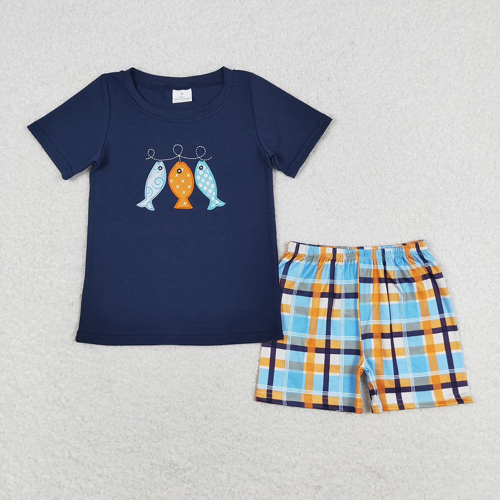 Baby Boys Embroidery Fish Shirt Plaid Shorts Summer Clothes Sets