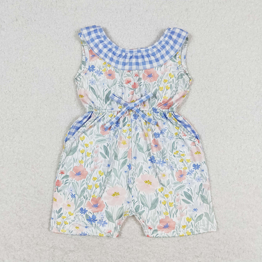 Baby Girl Flower Blue Plaid Shorts Jumpsuit