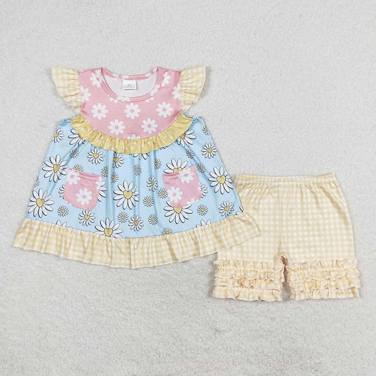 Baby Girl Flower Pocket Tunic Yellow Plaid Shorts Clothes Set