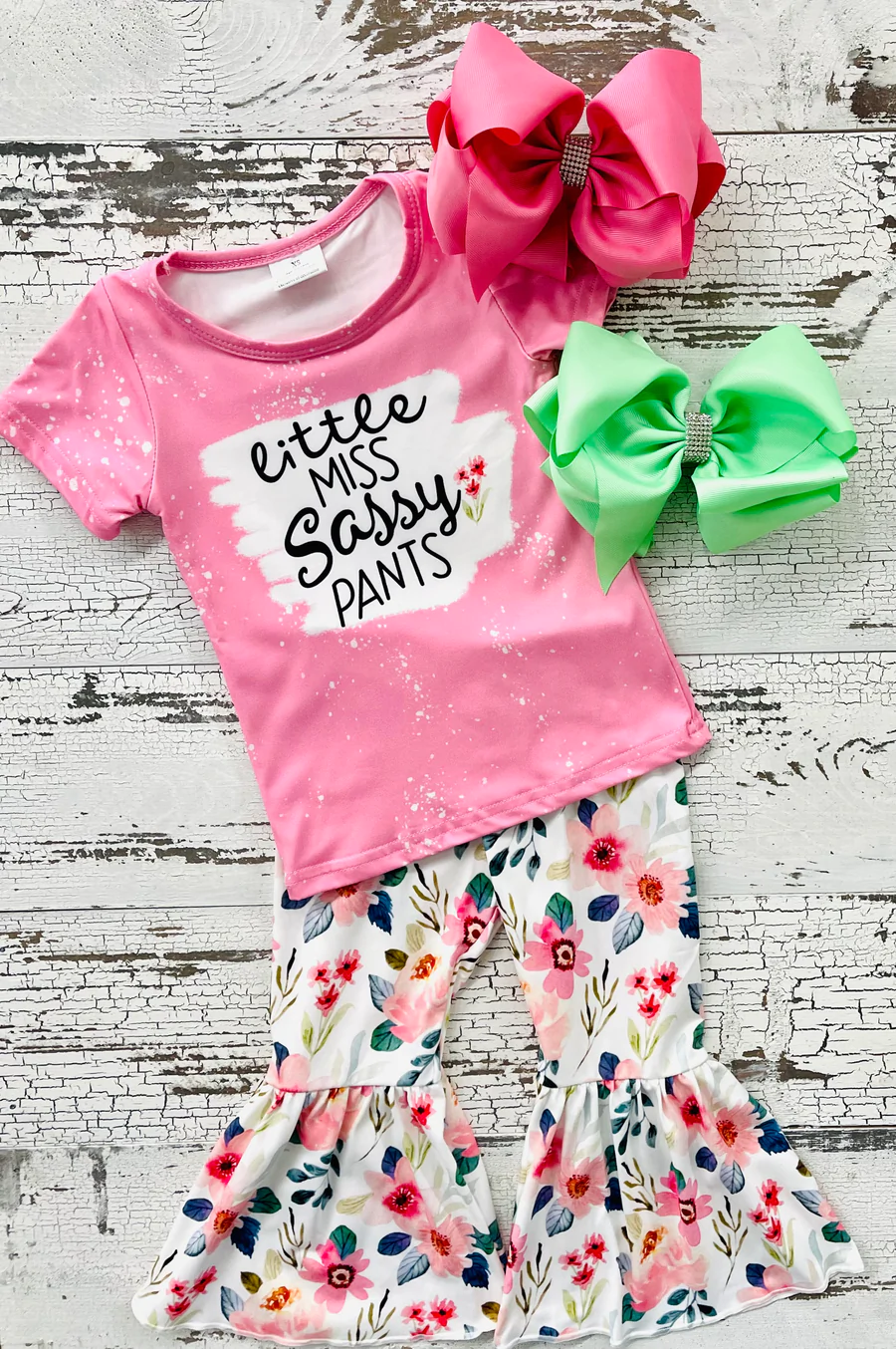 Promotion Baby Girl Pink Sassy Shirt Floral Bell Pants Set