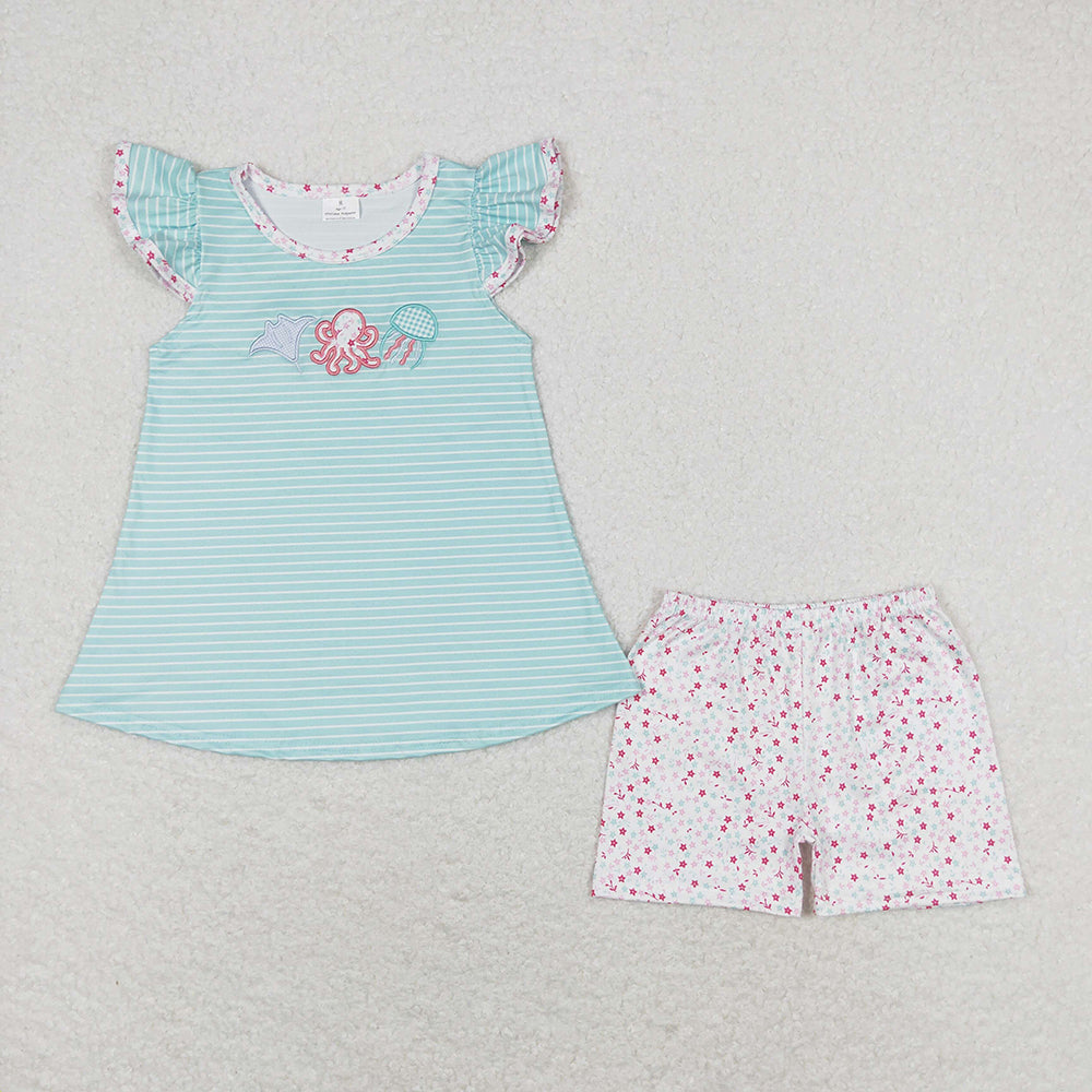 Baby Girl Stripes Embroidery Octopus Sibling Sister Clothes Sets