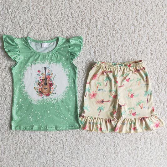 Promotion Baby Girl Green Guitar Shirt Shorts Summer Set