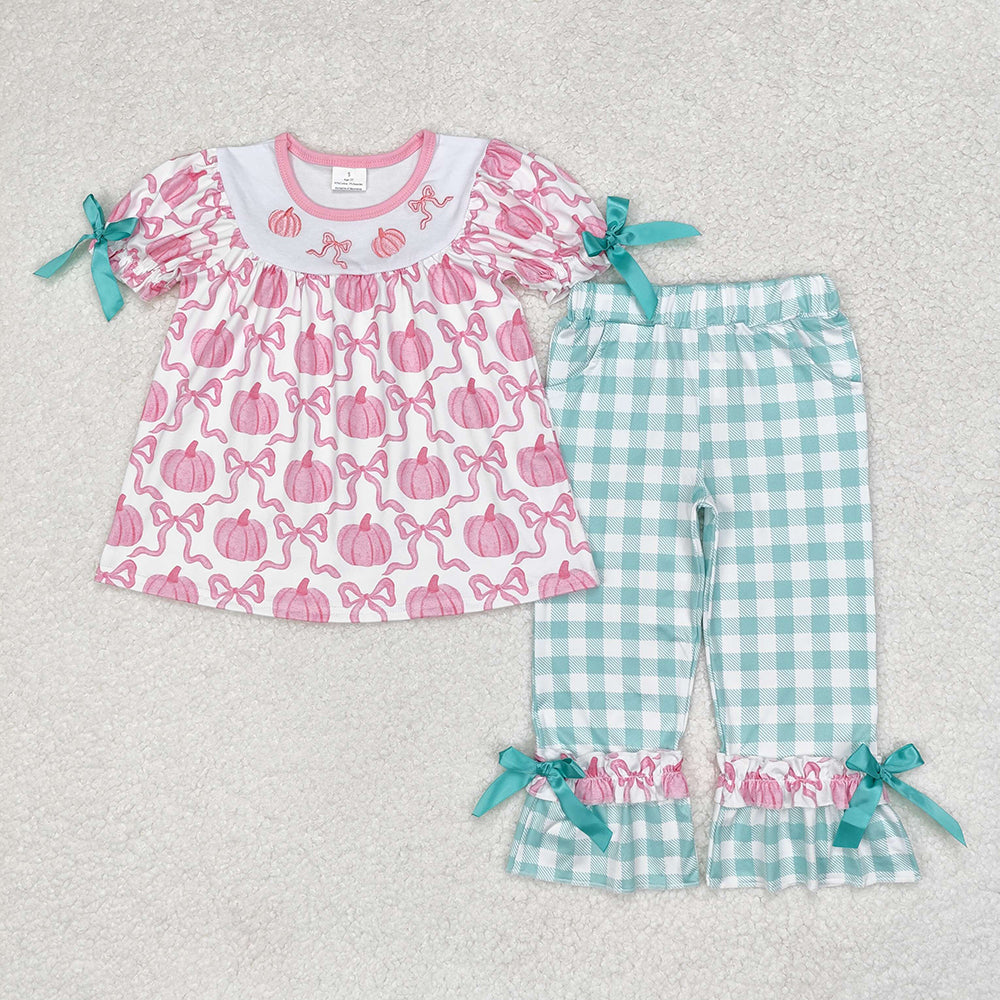 Baby Girl Pink Embroidery Pumpkin Bows Tops Green Plaid Pants Set