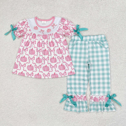 Baby Girl Embroidery Pumpkin Bows Sibling Sister Romper Set