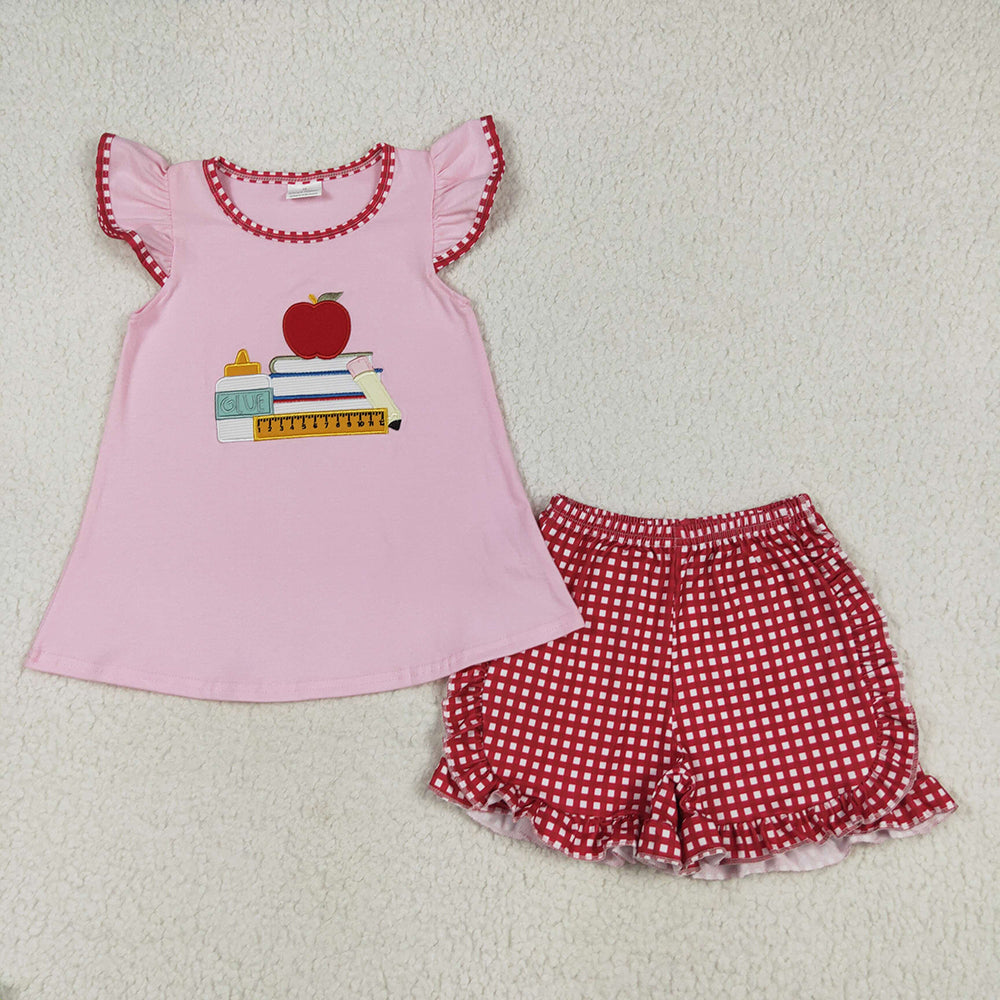 Baby Boy Girl Short Sleeves Embroidery Apple Books Sibling Back To School Outfit Clothes RTS