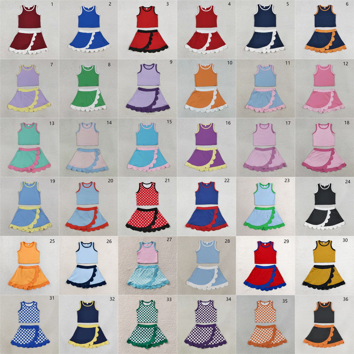 (No.1-12 ) Sibling Baby Girls Kids Sleeveless Tops Scallop Skirts Shorts Yoga Active Sets Clothes RTS