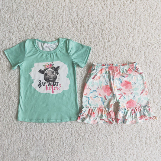 Promotion Baby Girl Western Short Sleeves Heifer Shirt Floral Shorts Summer Outfit