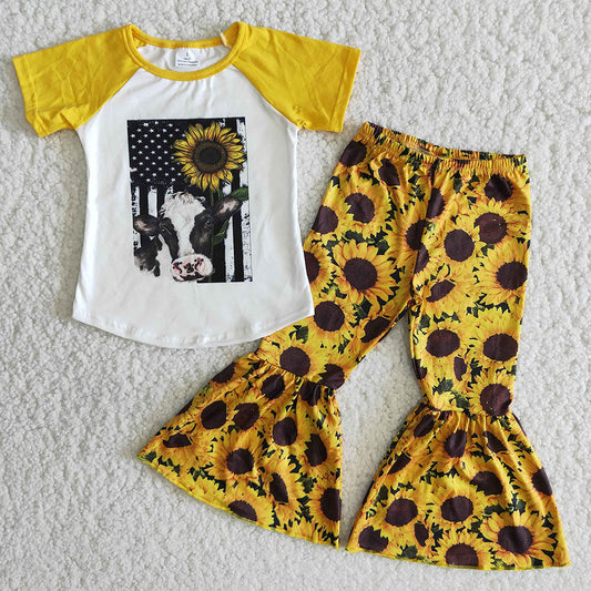 Promotion Baby Girl Cow Sunflower Shirt Pants Outfit