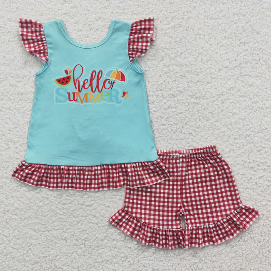 Promotion Baby Girl Watermelon Top Red Plaid Shorts Summer Outfit