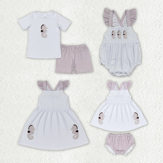 Baby Kids Boy Girl Embroidery Sea Horse Sibling Romper Clothes Set Outfit RTS
