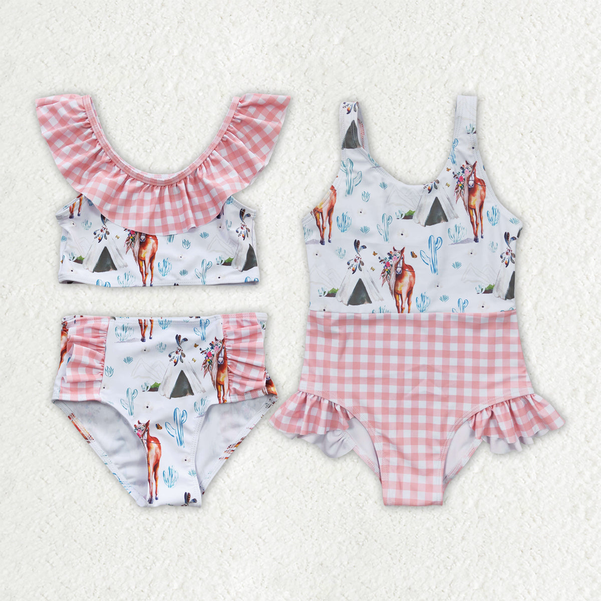 Baby Girl Western Horse Cactus Pink Checked Sibling Swimsuit RTS