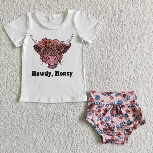 Promotion Baby Girl Howdy Honey Western Cow Floral Bummies Outfit