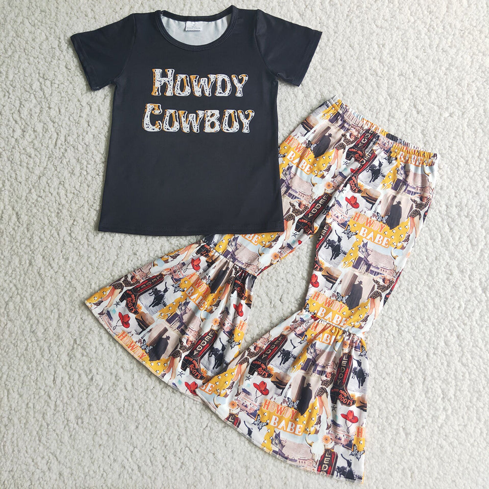 Promotion Baby Girl Howdy Cowboy Black Shirt Pants Set