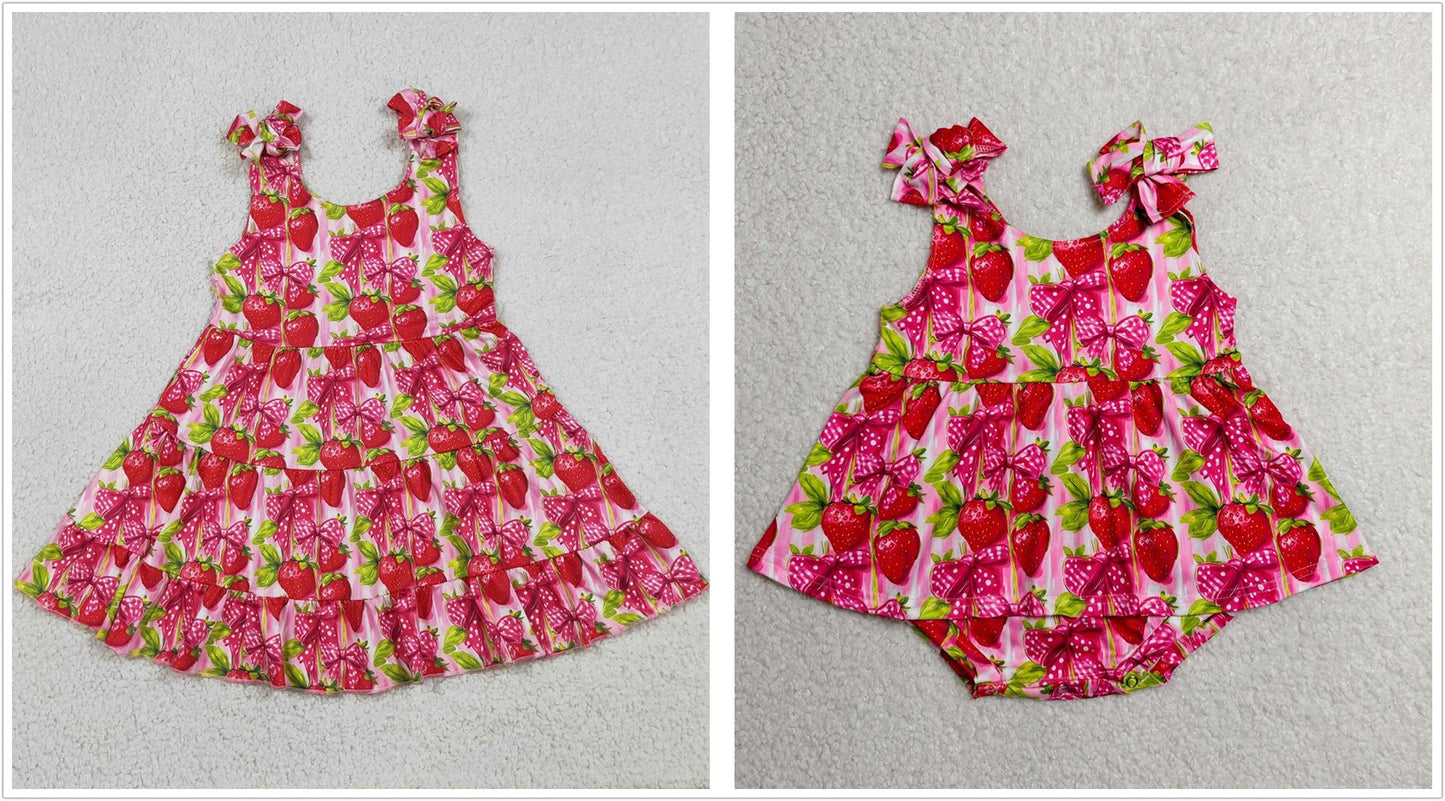 Sibling Baby Girls Kids Strawberry Bows Romper Dress Set Summer Clothes RTS
