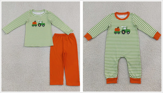 Sibling Baby Boys Kids Embroidery Pumpkins Trucks Stripes Romper Thanksgiving Set Pink Clothes RTS