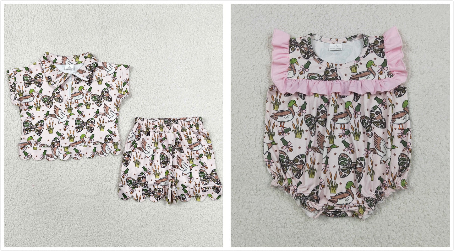 Sibling Baby Girls Kids Ducks Camo Bows Hunting Romper Set Summer Clothes RTS