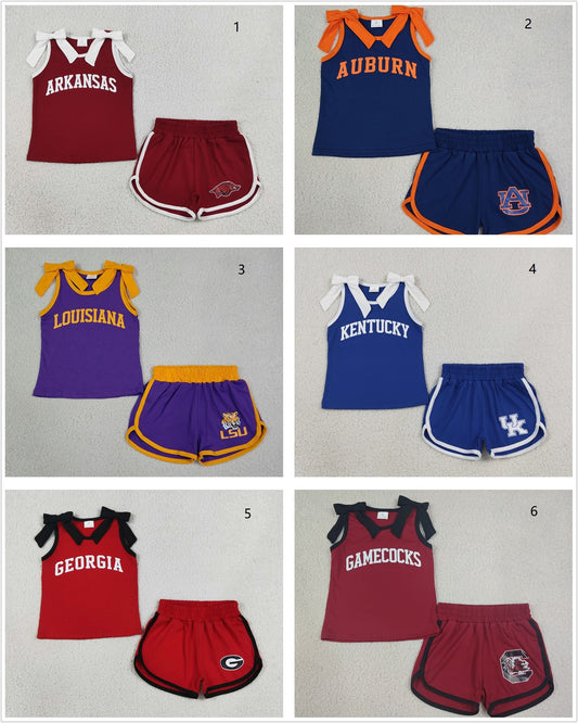 Sibling Baby Girls Kids Sleeveless Bows Cotton Shirts Shorts Sets Cheer Team Clothes RTS