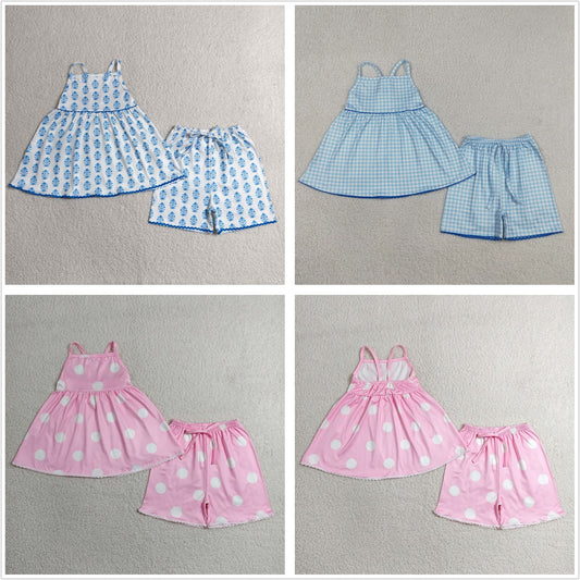 Sibling Baby Girls Kids Straps Flower Dots Tunic Shorts Sets Summer Clothes RTS