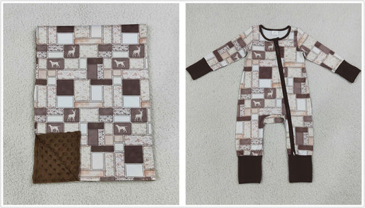 Sibling Baby Boys Kids Long Sleeves Deer Camo Zipper Romper Blanket RTS