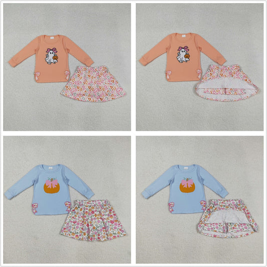 Baby Girl Long Sleeves Embroidery Pumpkin Bows Shirt Leopard Skort Sibling Fall Set RTS