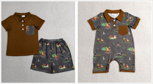 Sibling Baby Boys Kids Short Sleeves Ducks Dogs Buttons Romper Set Hunting Clothes RTS