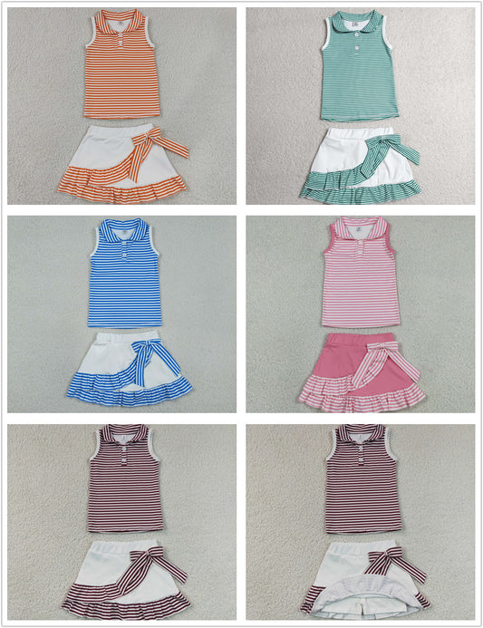 Sibling Baby Girls Stripes Tops Ruffle Bow Skirts Shorts Yoga Active Clothes Sets RTS