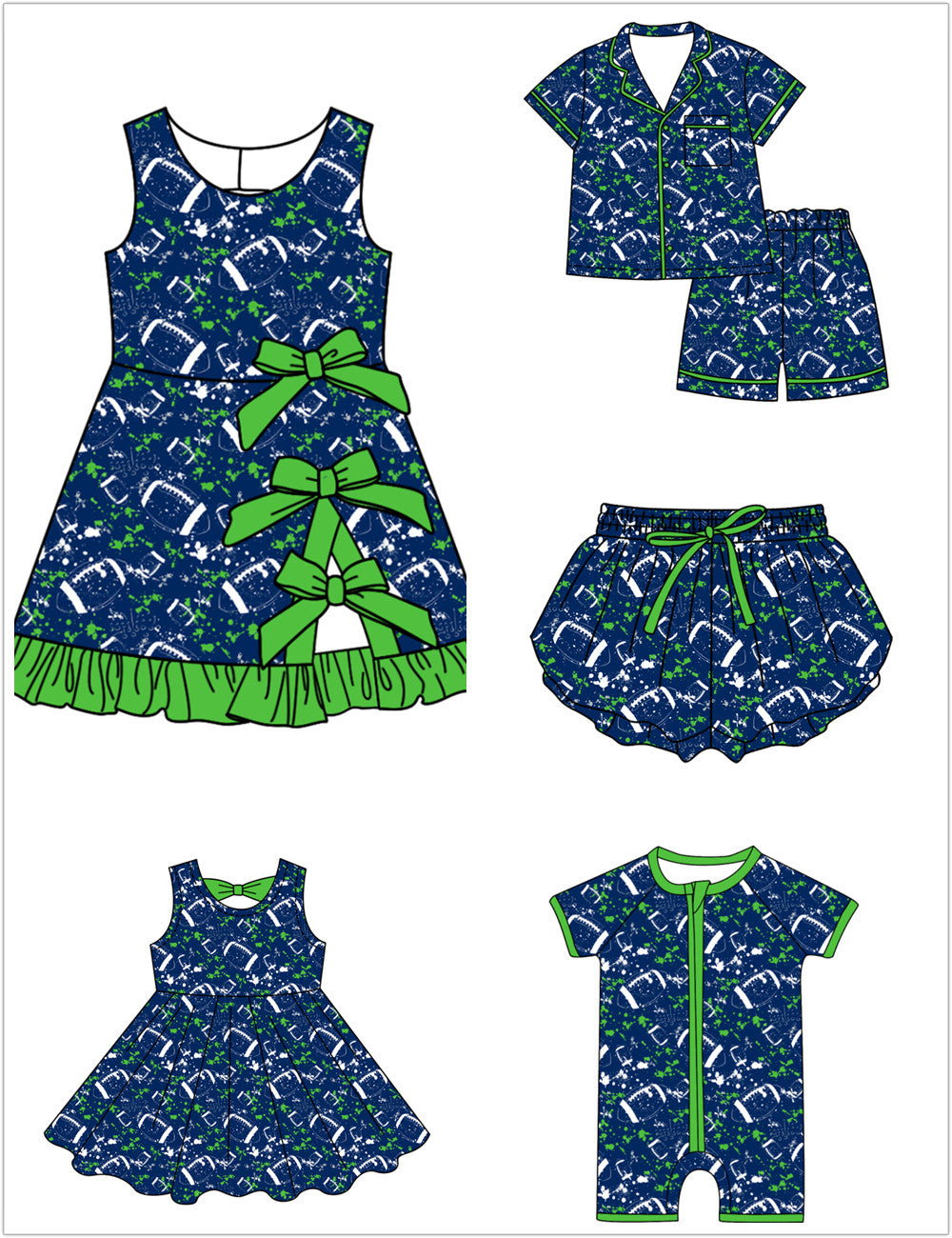 ( Moq 5 Each Style ) Baby Boys Girls Kids Football Sibling Shorts Romper Green Bows Dresses Set Team Clothes