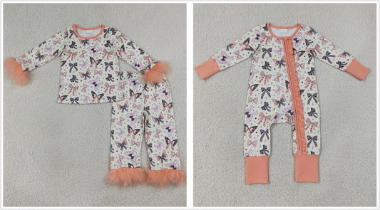 Sibling Baby Girls Kids Long Sleeves Zipper Footie Romper Pajamas Set Halloween Bows Clothes RTS