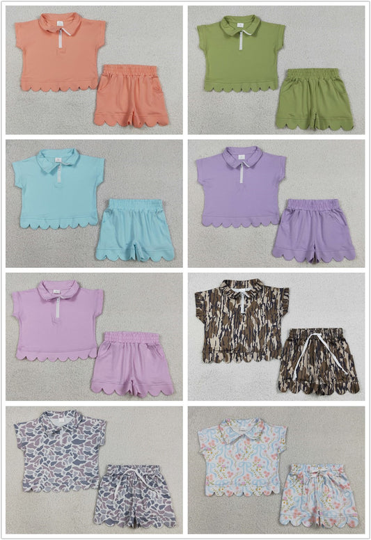 Sibling Baby Girls Kids Short Sleeves Zipper Shirts Scallop Shorts Sets Clothes RTS