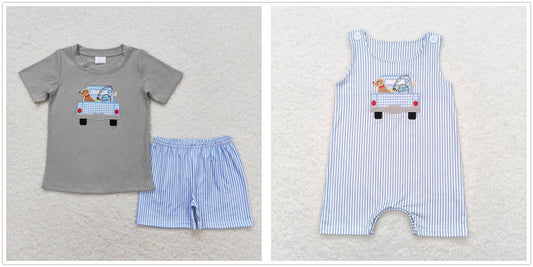 Baby Boy Embroidery Dog Fishing Sibling Romper Clothes Set