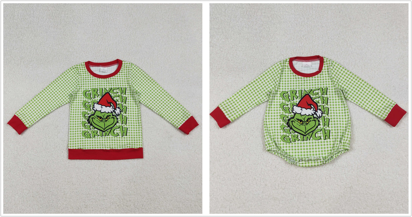 Sibling Baby Boys Long Sleeves Green Face Christmas Plaid Romper Shirt RTS