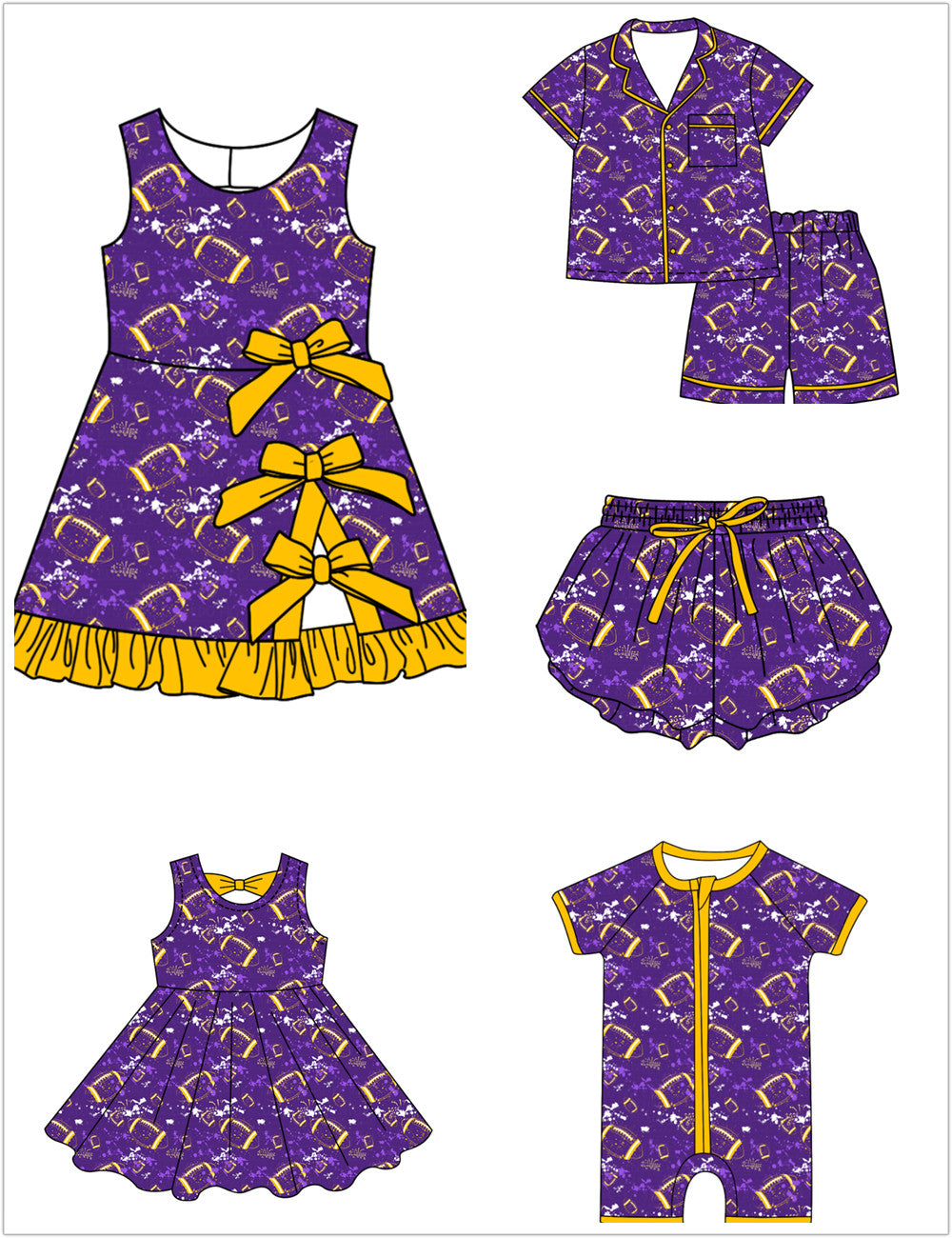 ( Moq 5 Each Style ) Baby Boys Girls Kids Football Sibling Shorts Romper Bows Dresses Set Team Purple Clothes