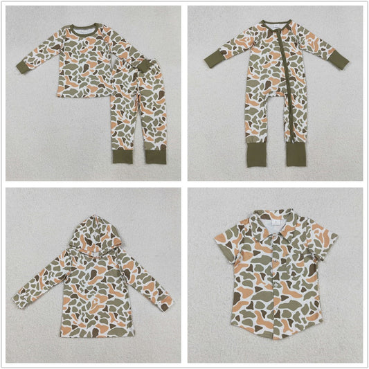 Sibling Boys Kids Green Orange Camo Shirt Pajamas Set Hunting Clothes RTS