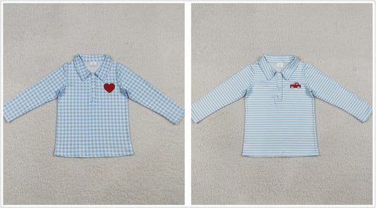 Sibling Baby Boys Kids Long Sleeves Embroidery Hearts Valentine Buttons Blue Shirts Tops RTS