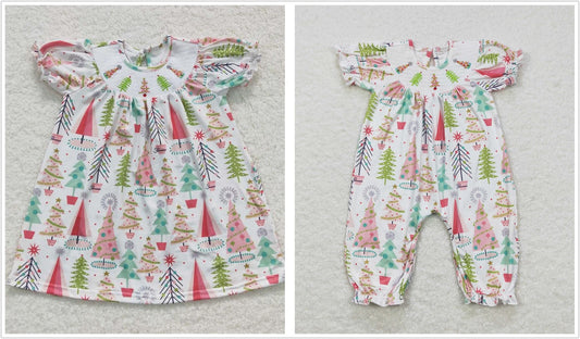 Sibling Girls Kids Short Sleeves Smocked Embroidery Trees Christmas Romper Dress RTS