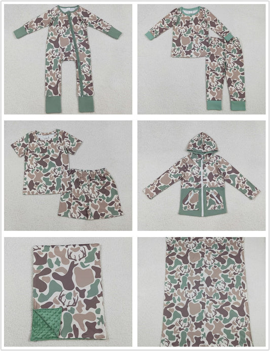 Sibling Baby Boy Long Sleeves Deer Camo Hoodie Jacket Zipper Romper Sets Blanket RTS