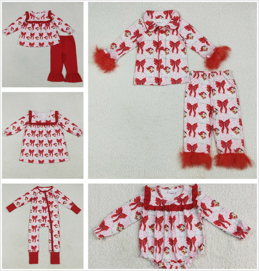 Baby Girl Long Sleeves Santa Red Bows Sibling Christmas Romper Dress Outfit RTS