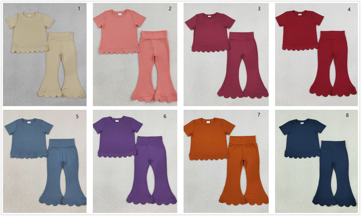 Sibling Baby Girls Kids Short Sleeves Shirts Bell Pants Scallop Cotton Sets Clothes RTS
