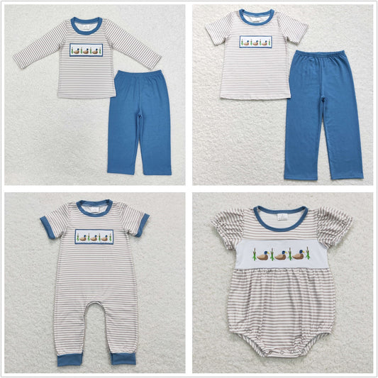 Baby Boy Girl Toddler Embroidery Ducks Stripes Sibling Romper Set Clothes RTS