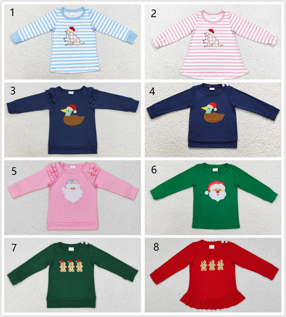 Sibling Boys Girls Embroidery Santa Ducks Dogs Gingerbread Christmas Shirt Tops