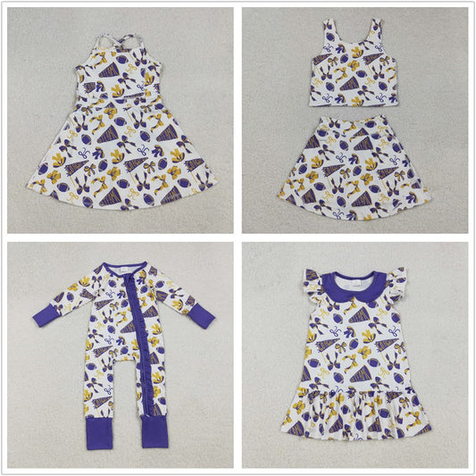 Sibling Baby Girl Kids Cheer Purple Bows Football Team Zipper Romper Dress Set RTS