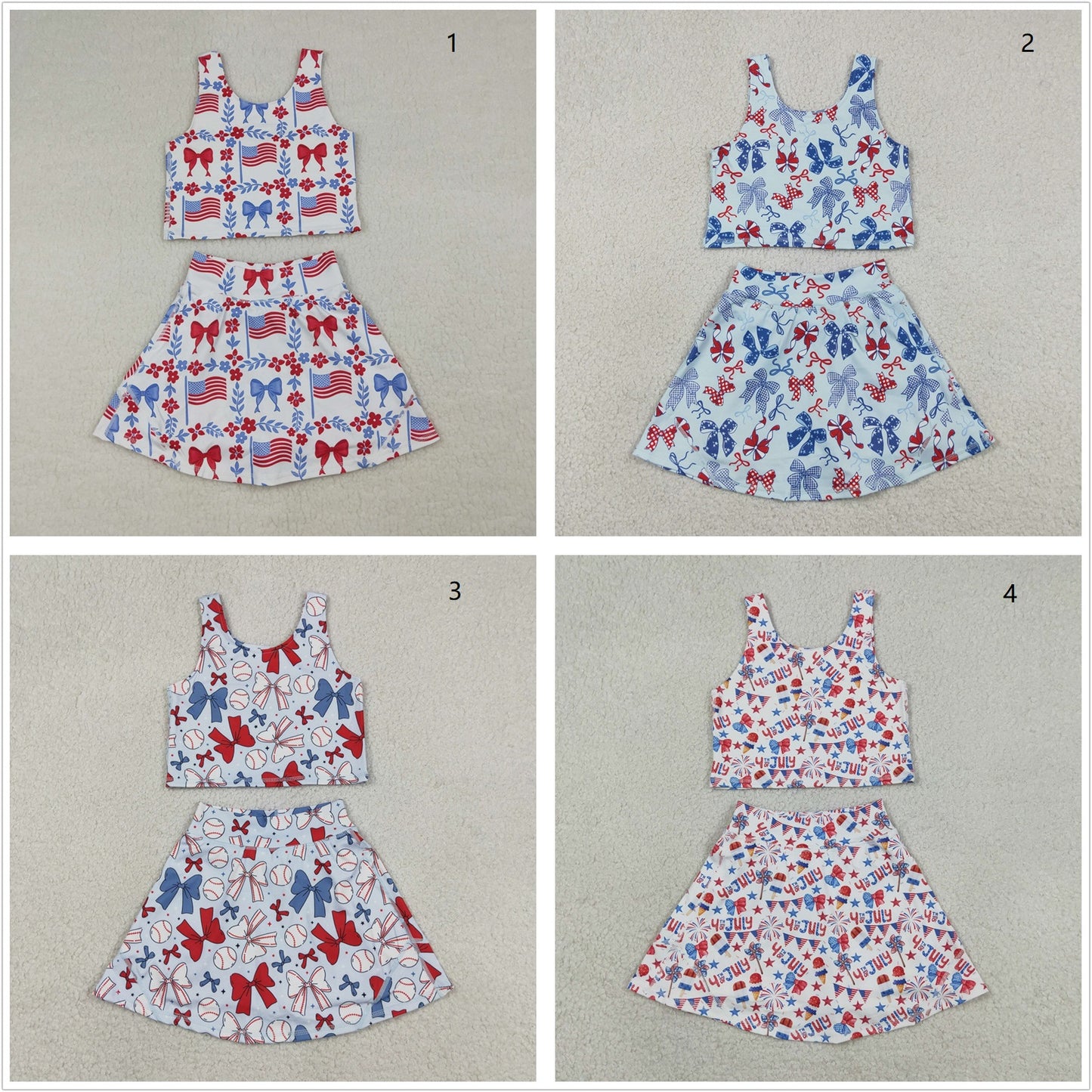 Sibling Baby Girls Kids Flags Bows Tops Skirts Shorts Sets 4th of July Yoga Active Clothes