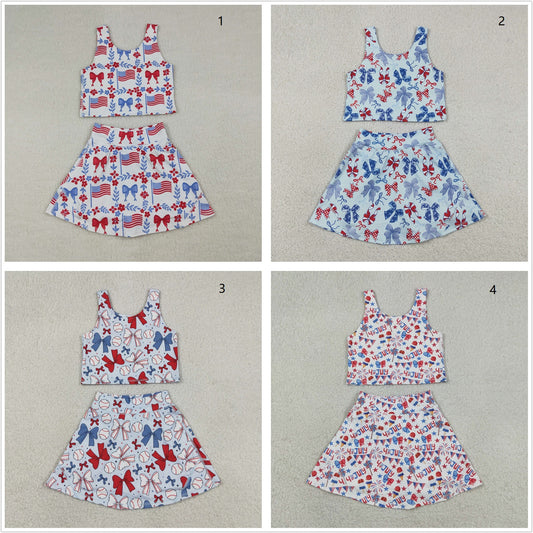 Sibling Baby Girls Kids Flags Bows Tops Skirts Shorts Sets 4th of July Yoga Active Clothes