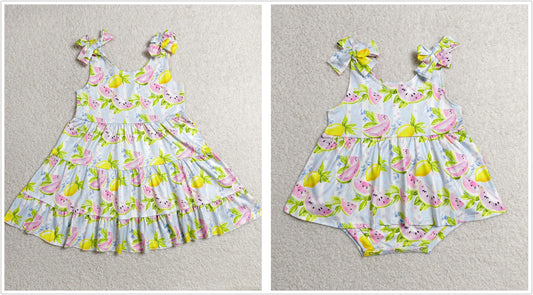 Sibling Baby Girls Kids Watermelon Lemon Romper Dress Set Summer Clothes RTS