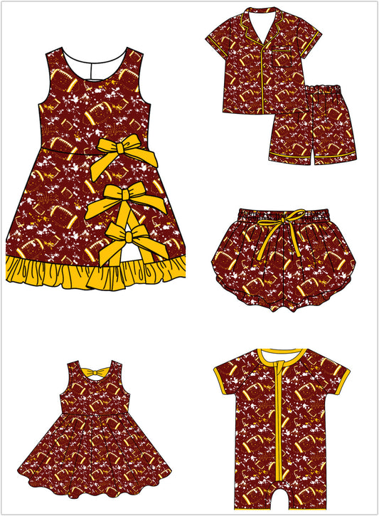 ( Moq 5 Each Style ) Baby Boys Girls Toddler Football Sibling Shorts Romper Yellow Bows Dresses Set Team Clothing